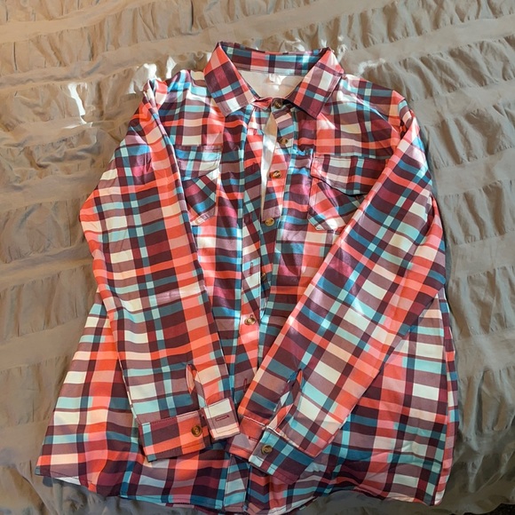 Tops - Large orange and teal plaid button-up.